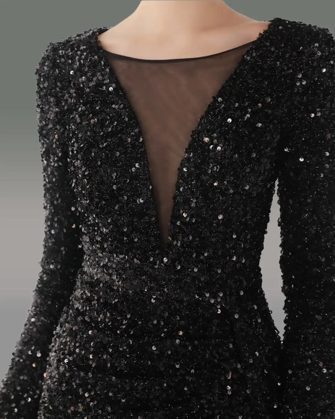 Elegant Sheath Column V-Neck Long Sleeve Sweep Train Velvet Sequins Shimmery Dress