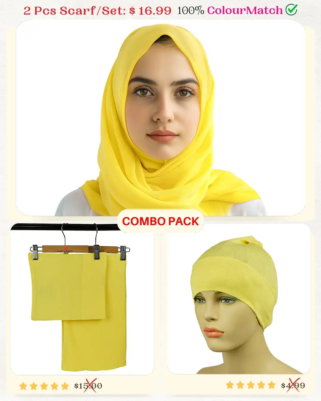 ColorMatch Scarf Set Jersey scarf & tube scarf undercap Hijab set for women [Yellow shade]