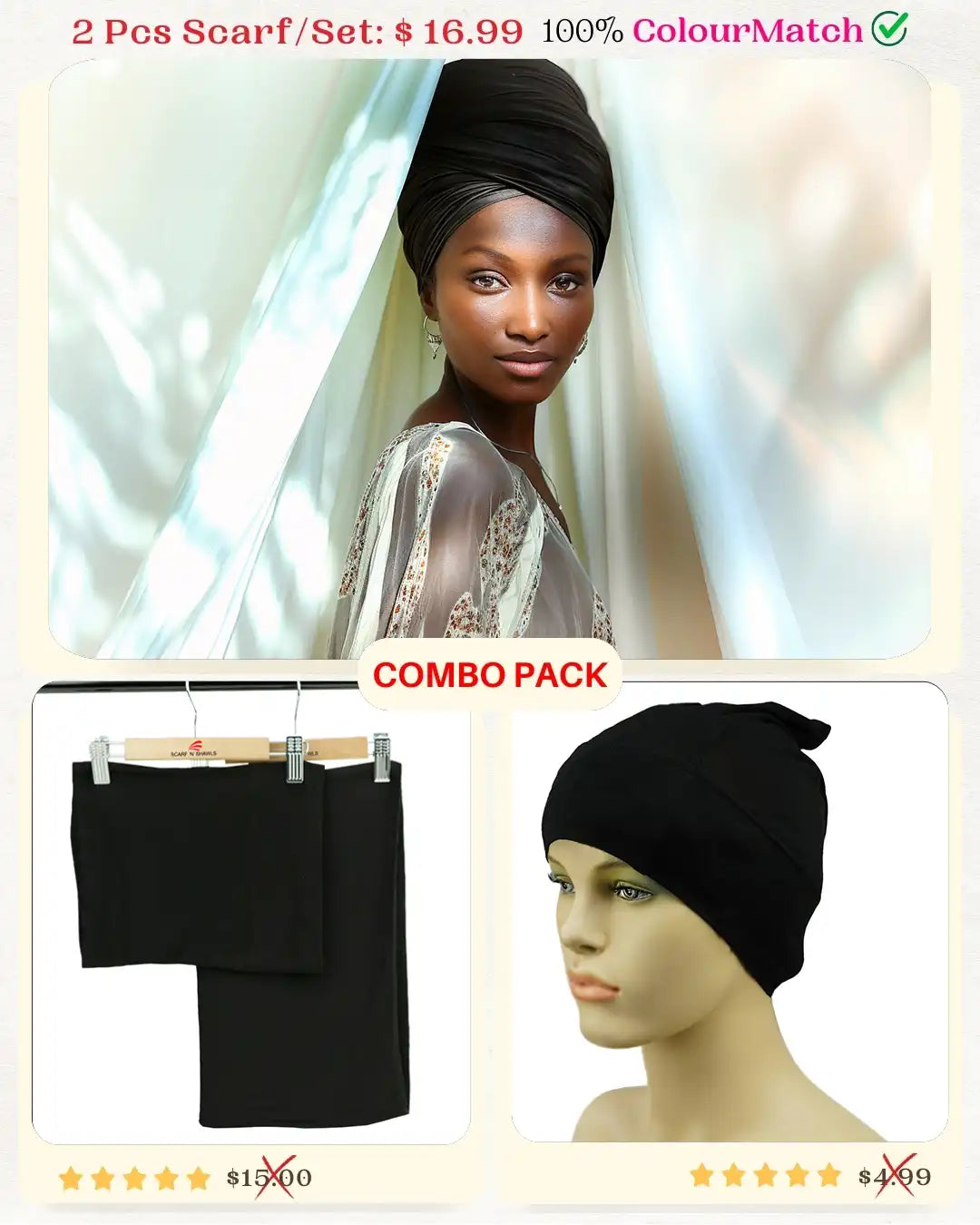 ColorMatch Scarf Set Jersey scarf & tube scarf undercap Hijab set for women [Black shade]