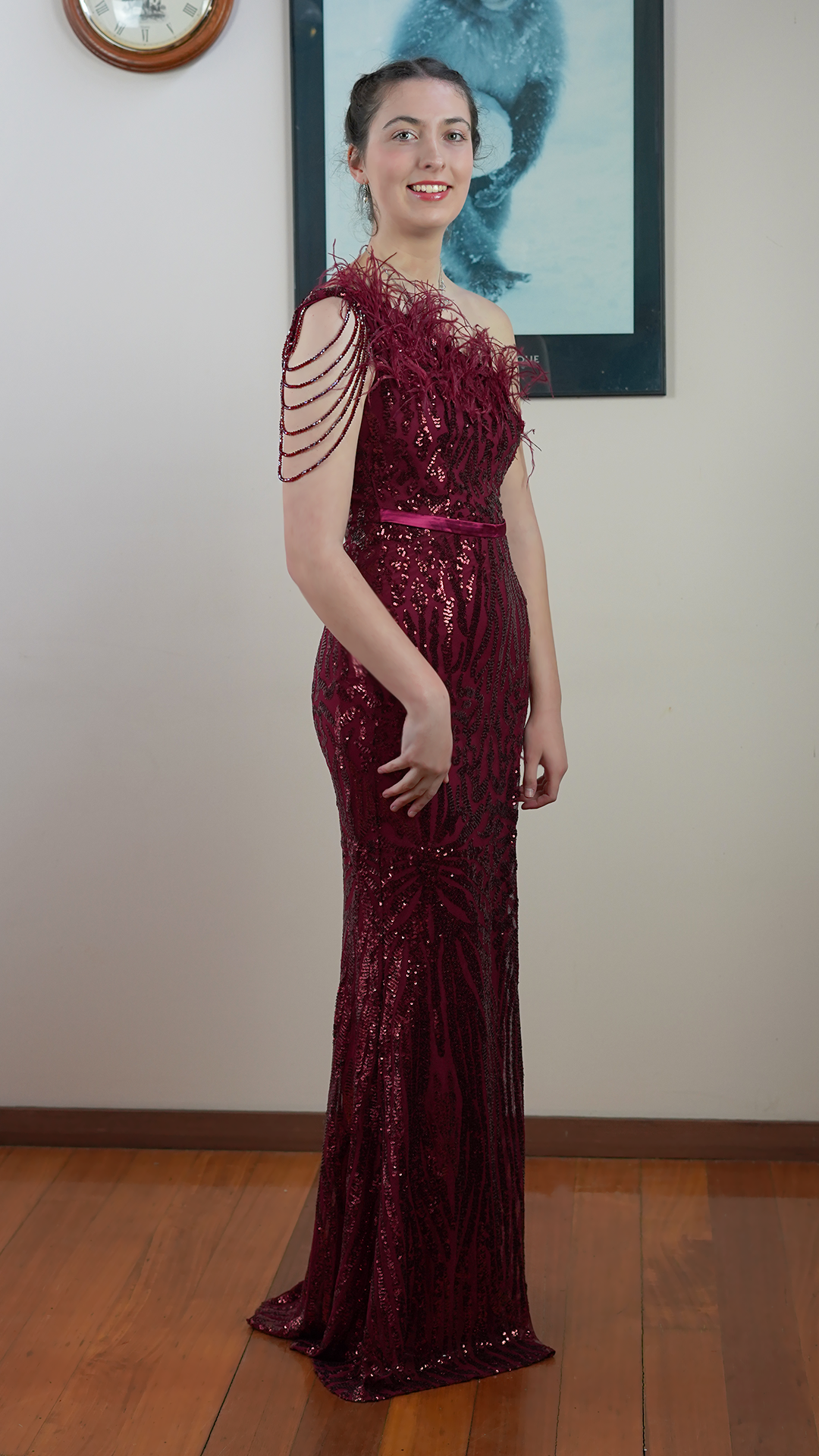 Burgundy One Shoulder Beaded Feather Women's Party Split Long Dresses