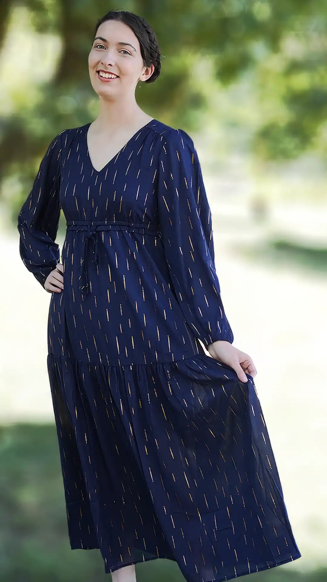 Dark blue long sleeve gold foil printed maxi waist tie women's dresses