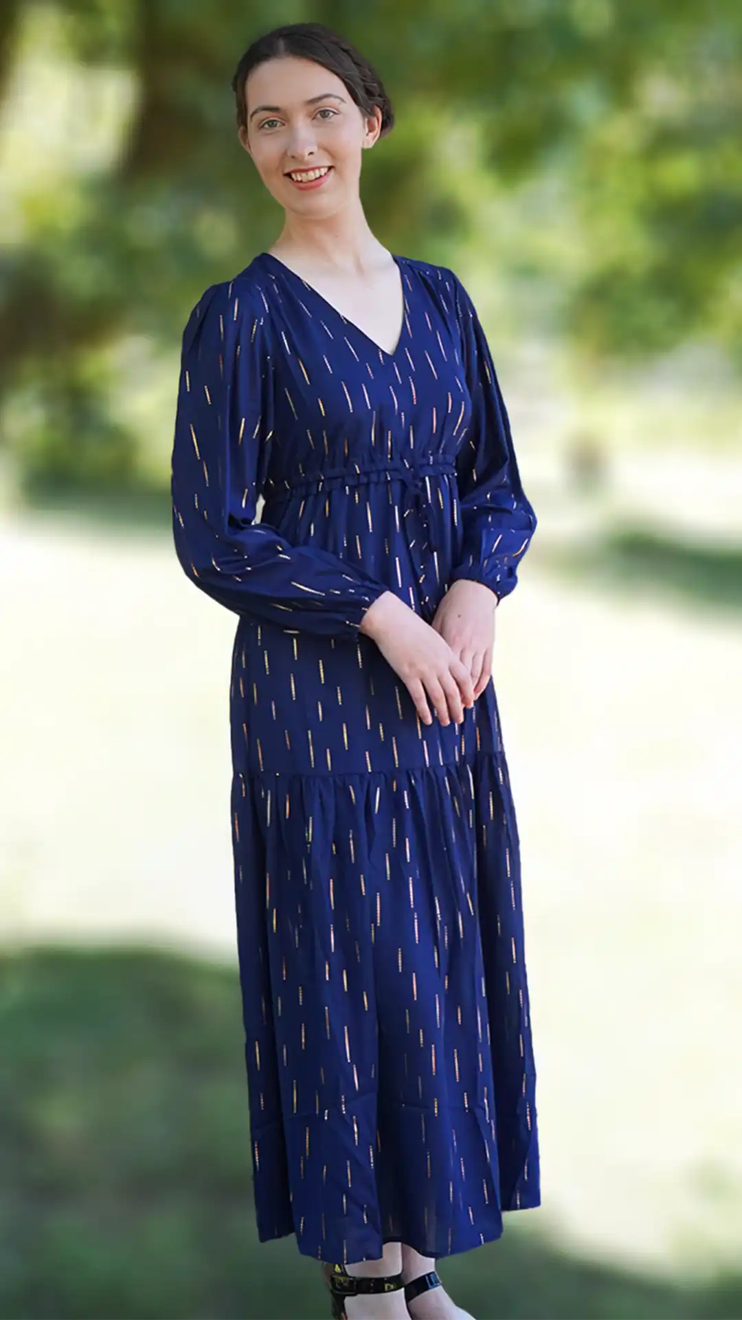 Dark blue long sleeve gold foil printed maxi waist tie women's dresses