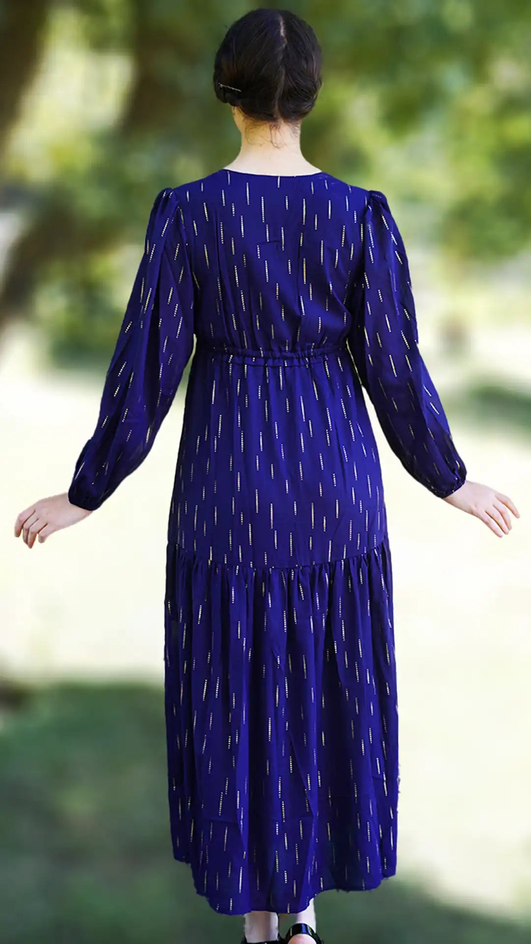 Dark blue long sleeve gold foil printed maxi waist tie women's dresses