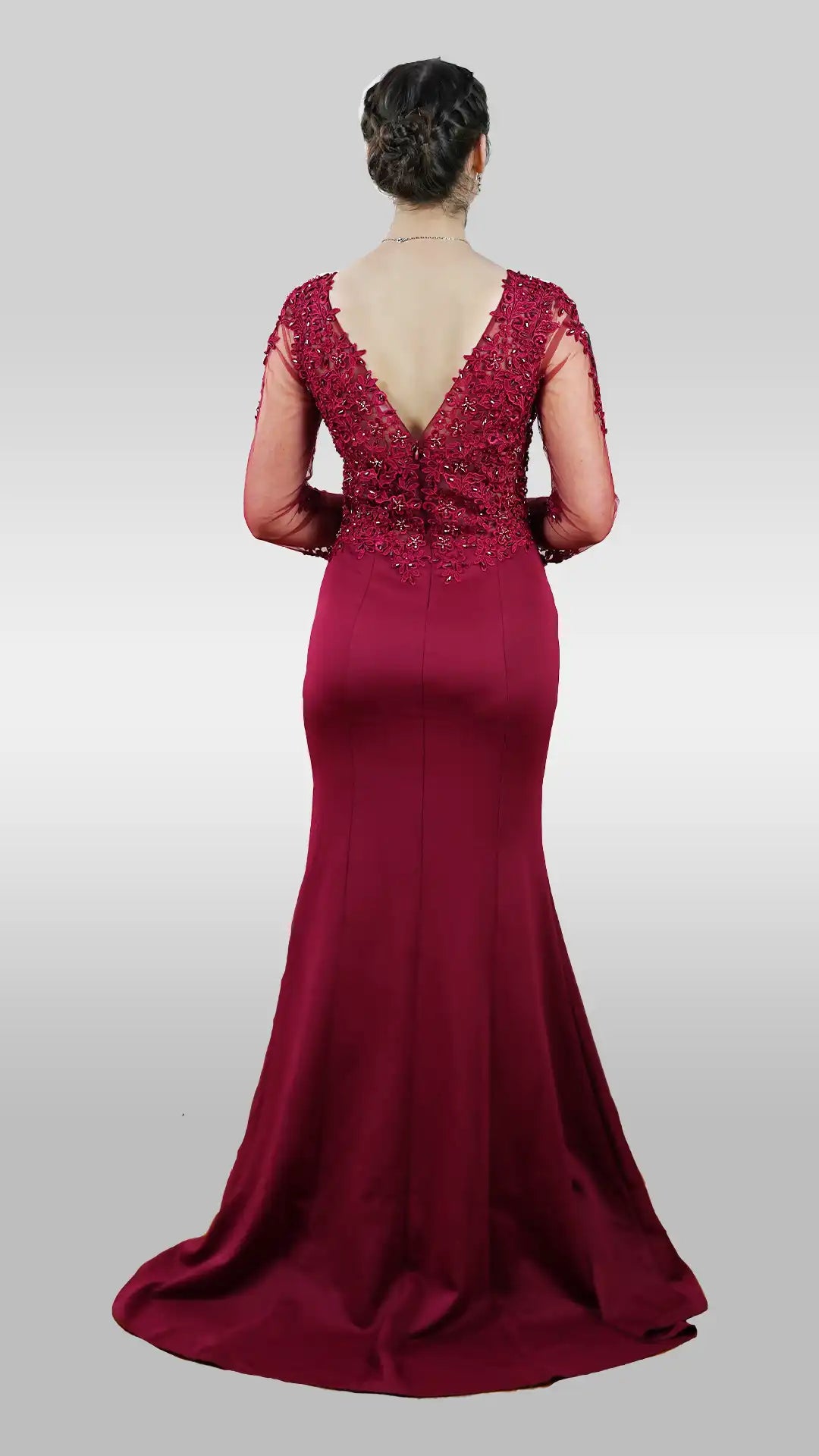 Burgundy Floral Design Embroidery Satin Long Sleeve Women's Maxi Party Evening Dresses