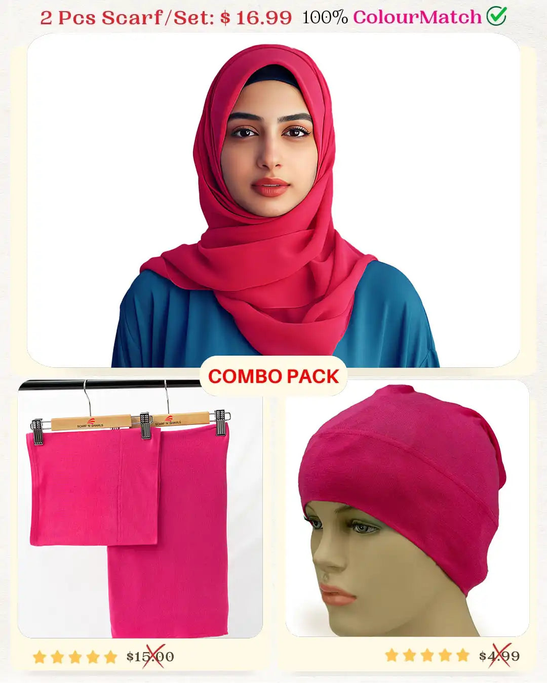 ColorMatch Scarf Set Jersey scarf & tube scarf undercap Hijab set for women [Pink shade]