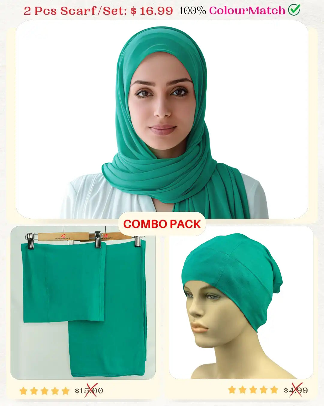 ColorMatch Scarf Set Jersey scarf & tube scarf undercap Hijab set for women [Green shade]