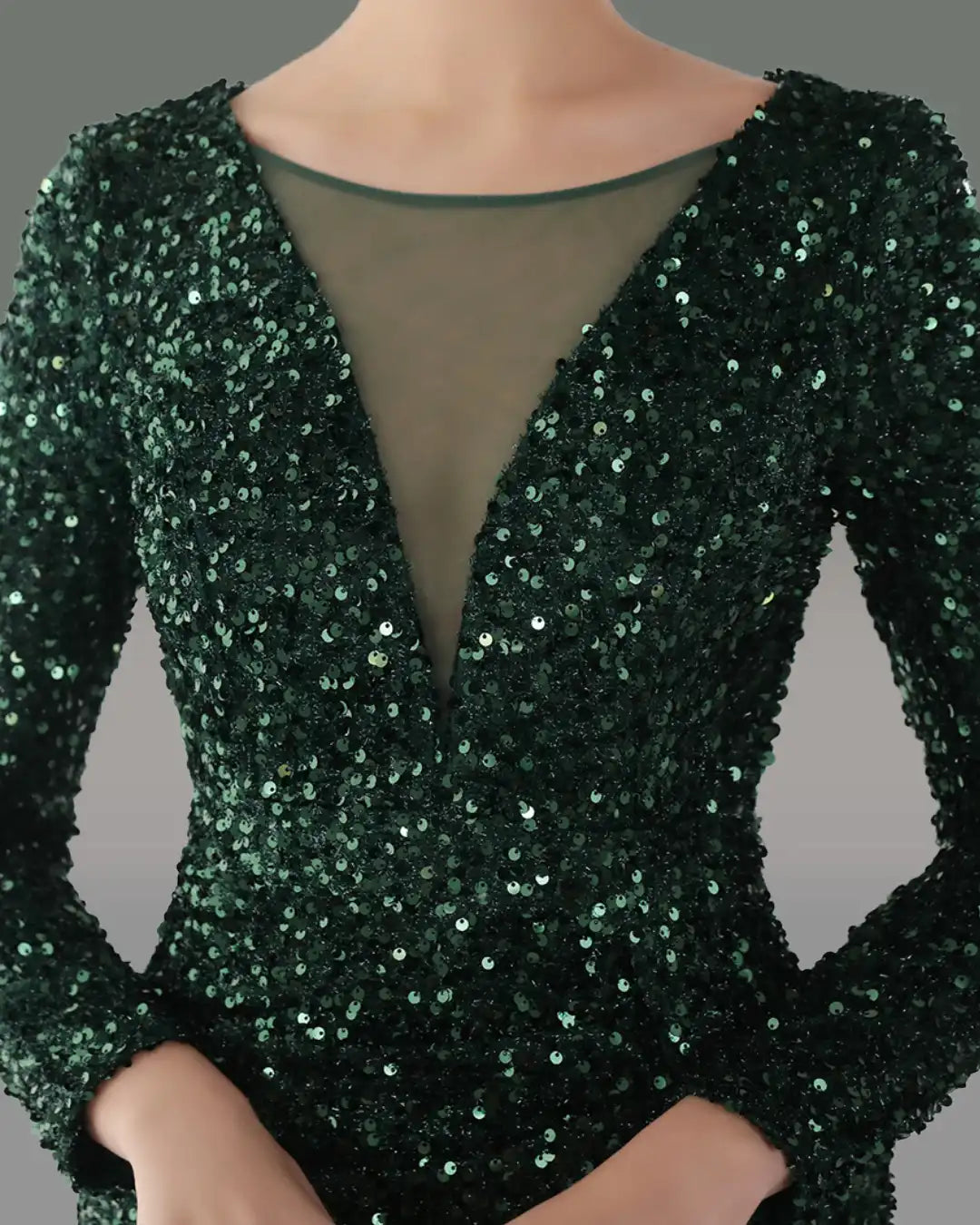 Elegant Sheath Column V-Neck Long Sleeve Sweep Train Velvet Sequins Shimmery Dress