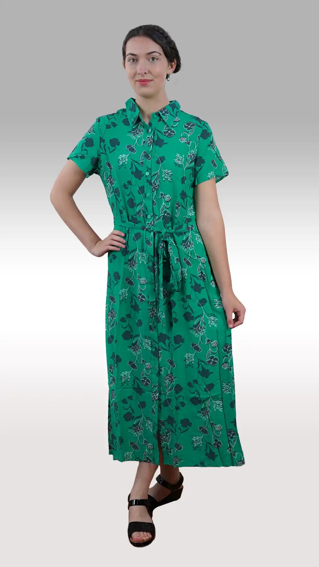 Emerald floral printed short sleeve maxi women's dress