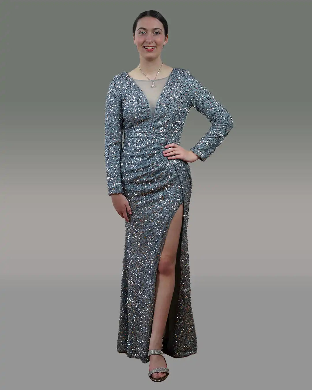 Elegant Sheath Column V-Neck Long Sleeve Sweep Train Velvet Sequins Shimmery Dress