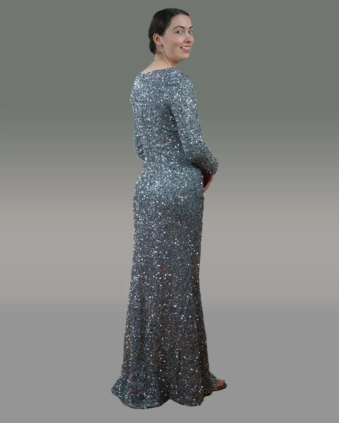 Elegant Sheath Column V-Neck Long Sleeve Sweep Train Velvet Sequins Shimmery Dress