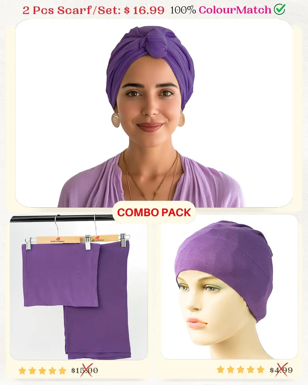 ColorMatch Scarf Set Jersey scarf & tube scarf undercap Hijab set for women [Purple shade]