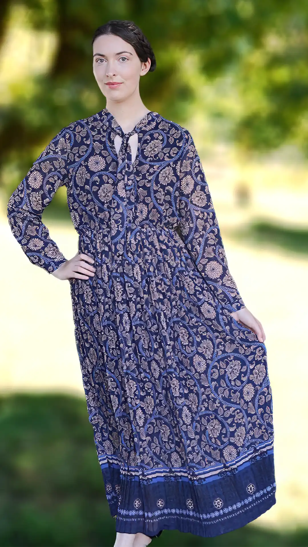 Multi blue long sleeve border print pleated maxi dress