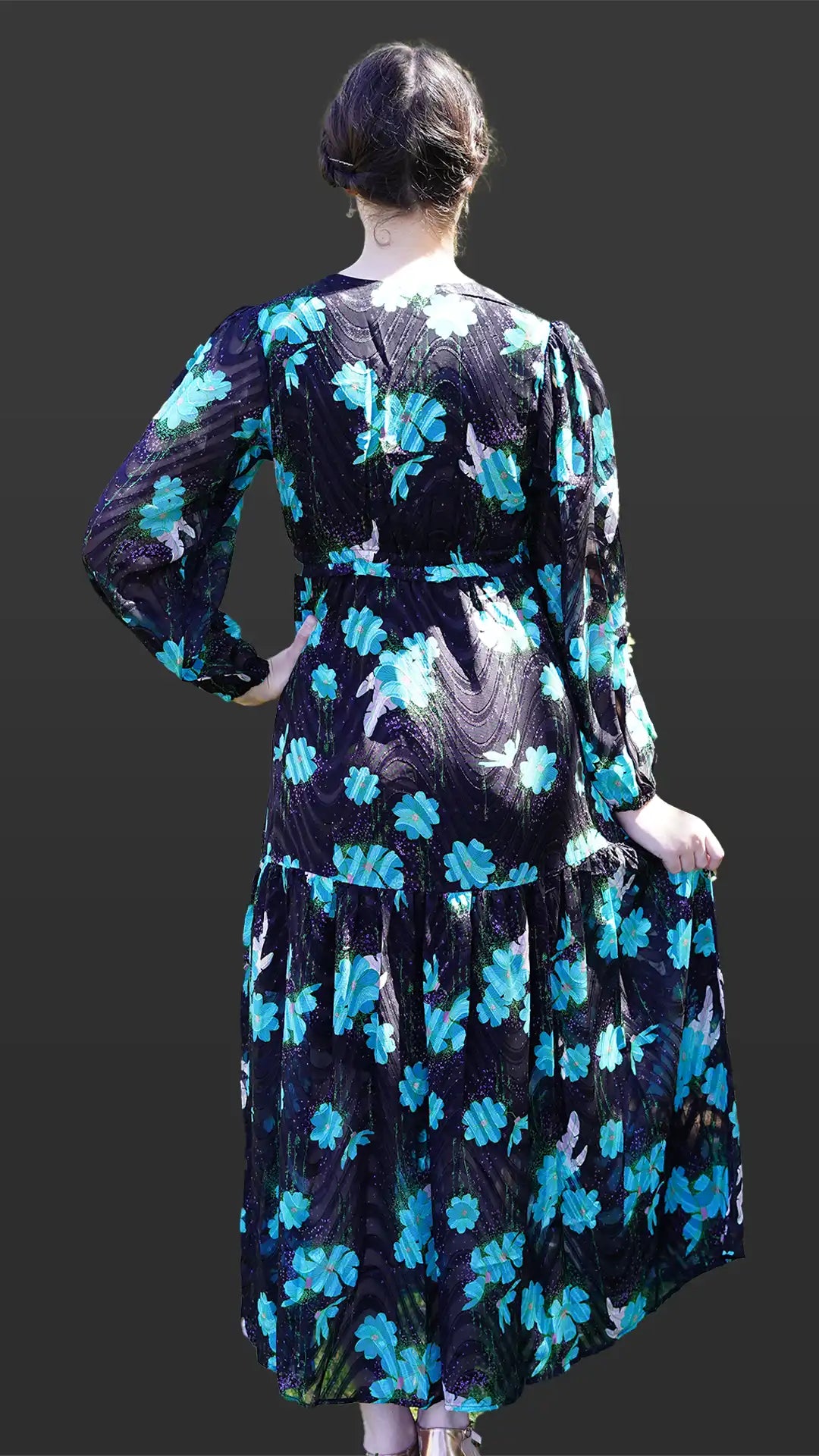 Multi green long-sleeve floral with waist tie maxi dress