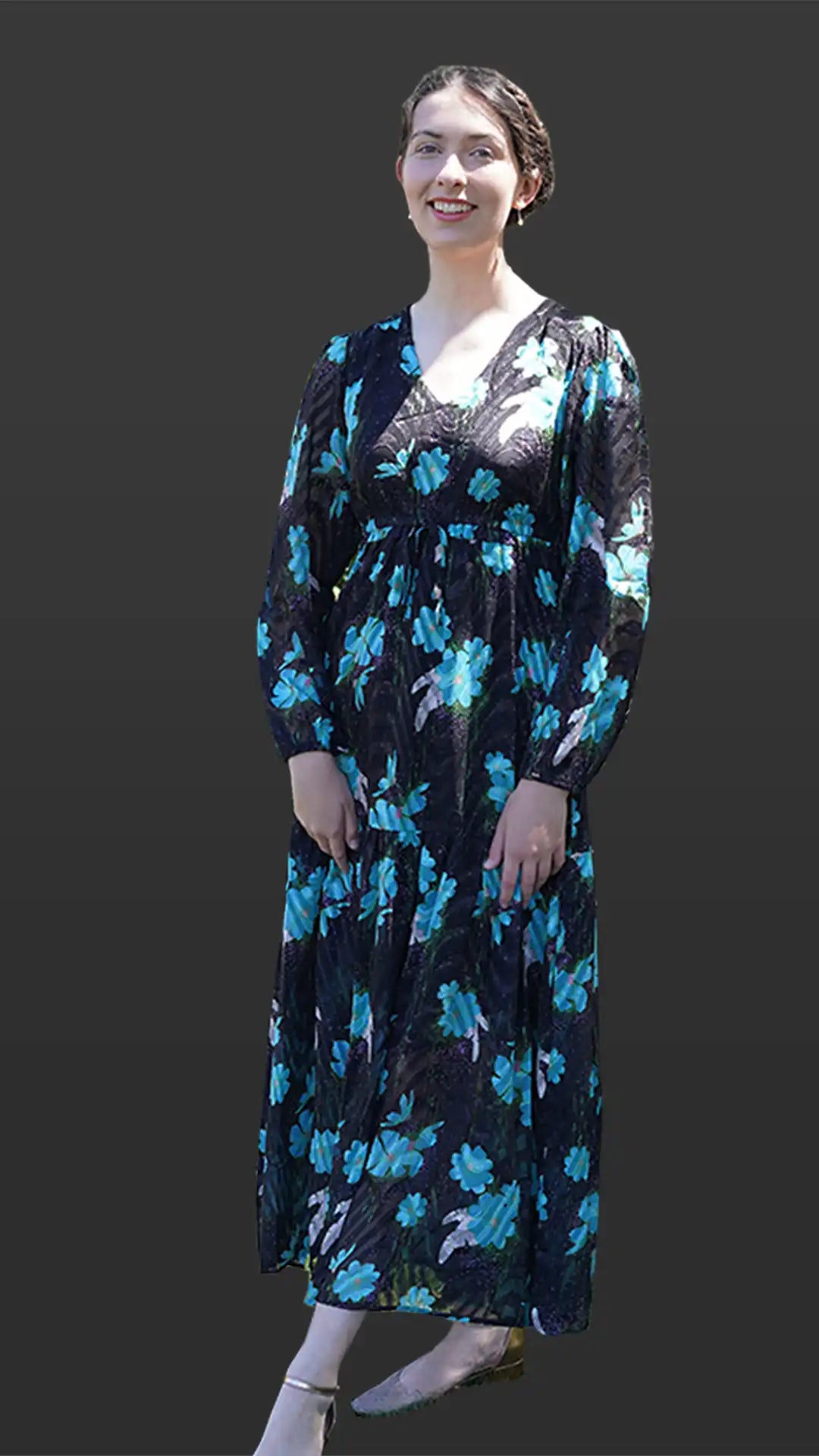 Multi green long-sleeve floral with waist tie maxi dress