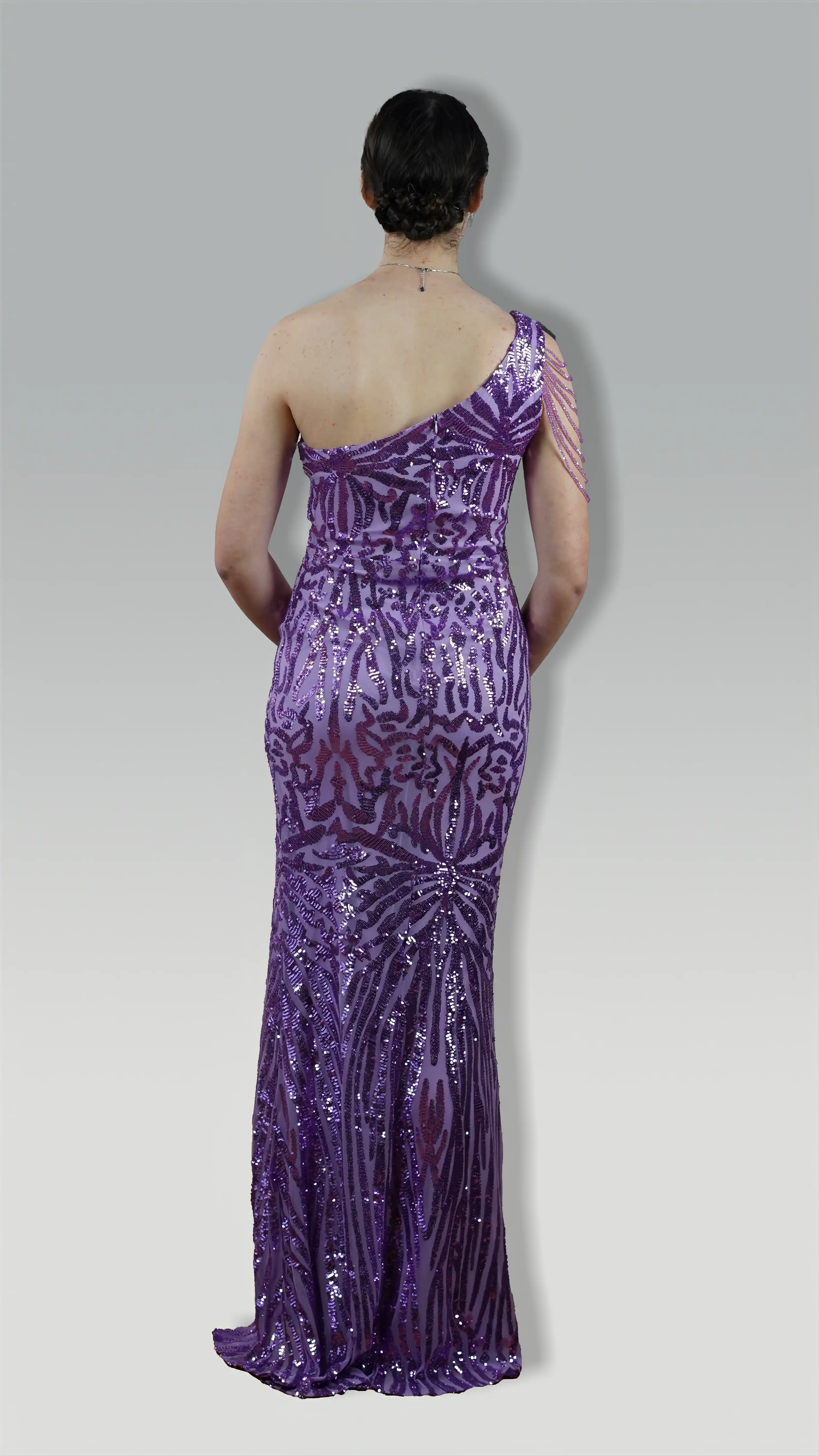 Purple One Shoulder Beaded Sequin Split Maxi Length Cocktail Party Dresses