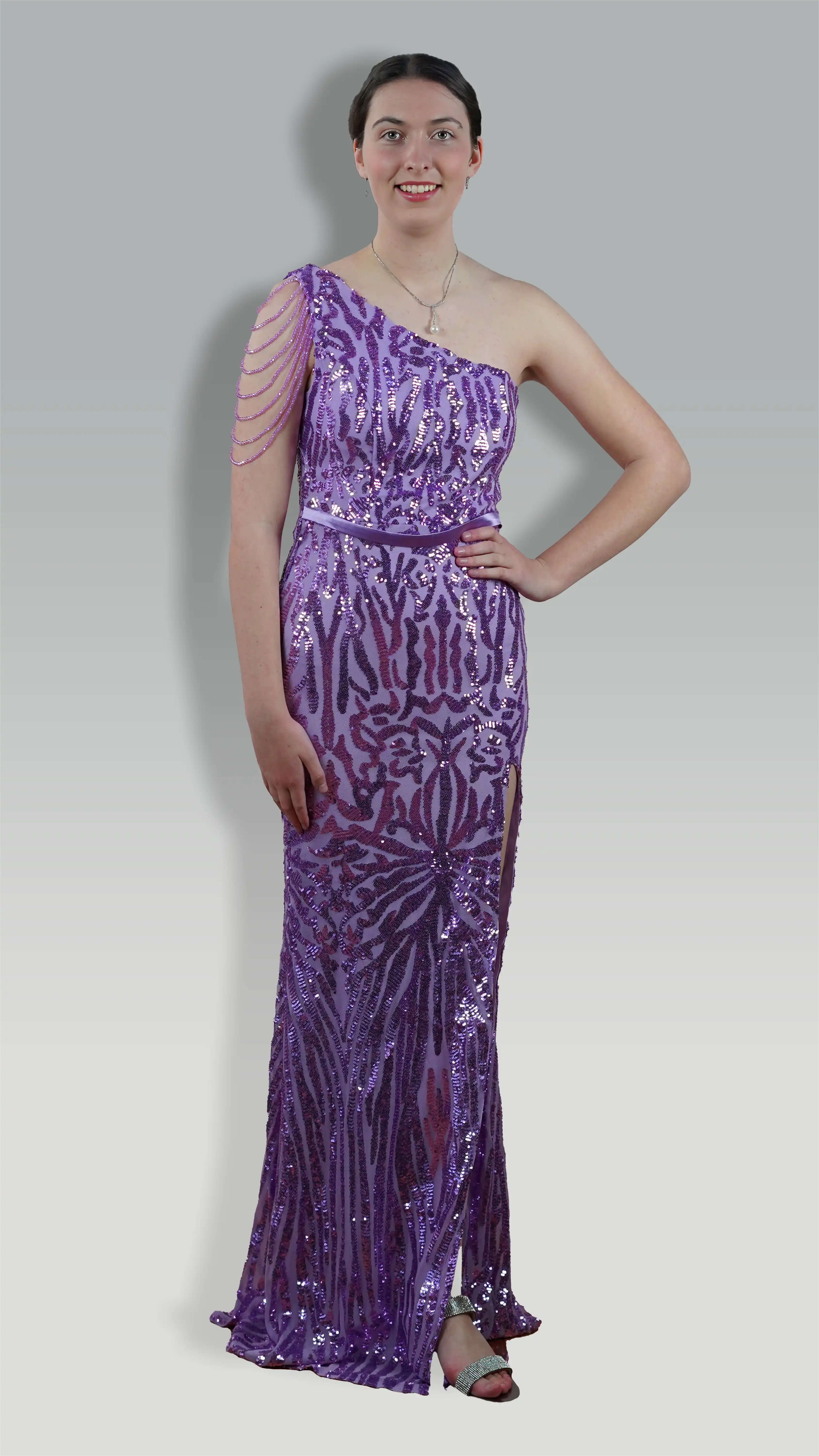 Purple One Shoulder Beaded Sequin Split Maxi Length Cocktail Party Dresses