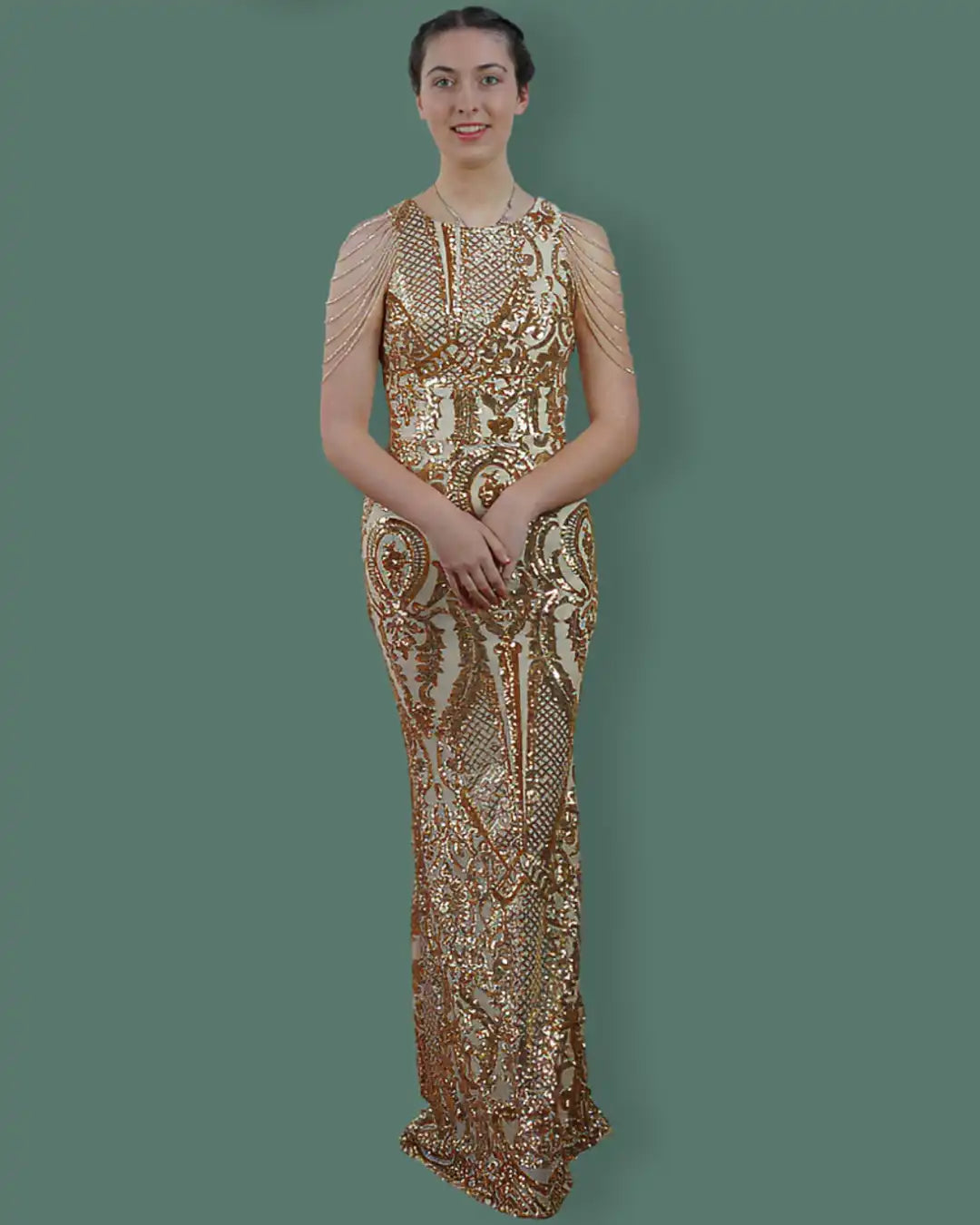 Golden Beaded & Sequined Open-Back Sleeve Less Women's Evening Maxi Length Party Dresses