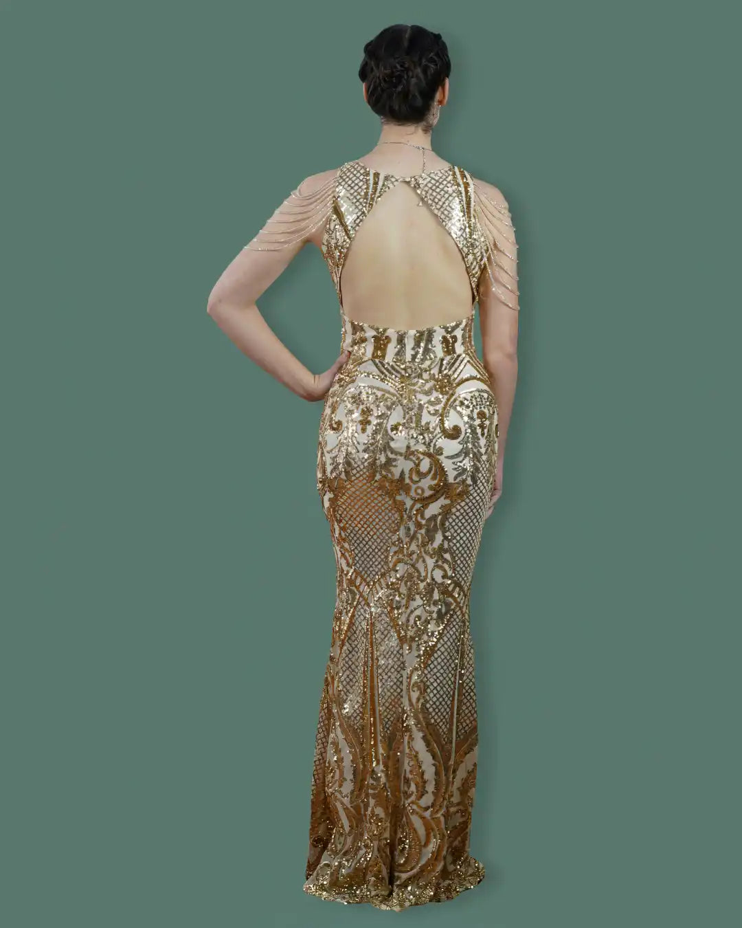 Golden Beaded & Sequined Open-Back Sleeve Less Women's Evening Maxi Length Party Dresses