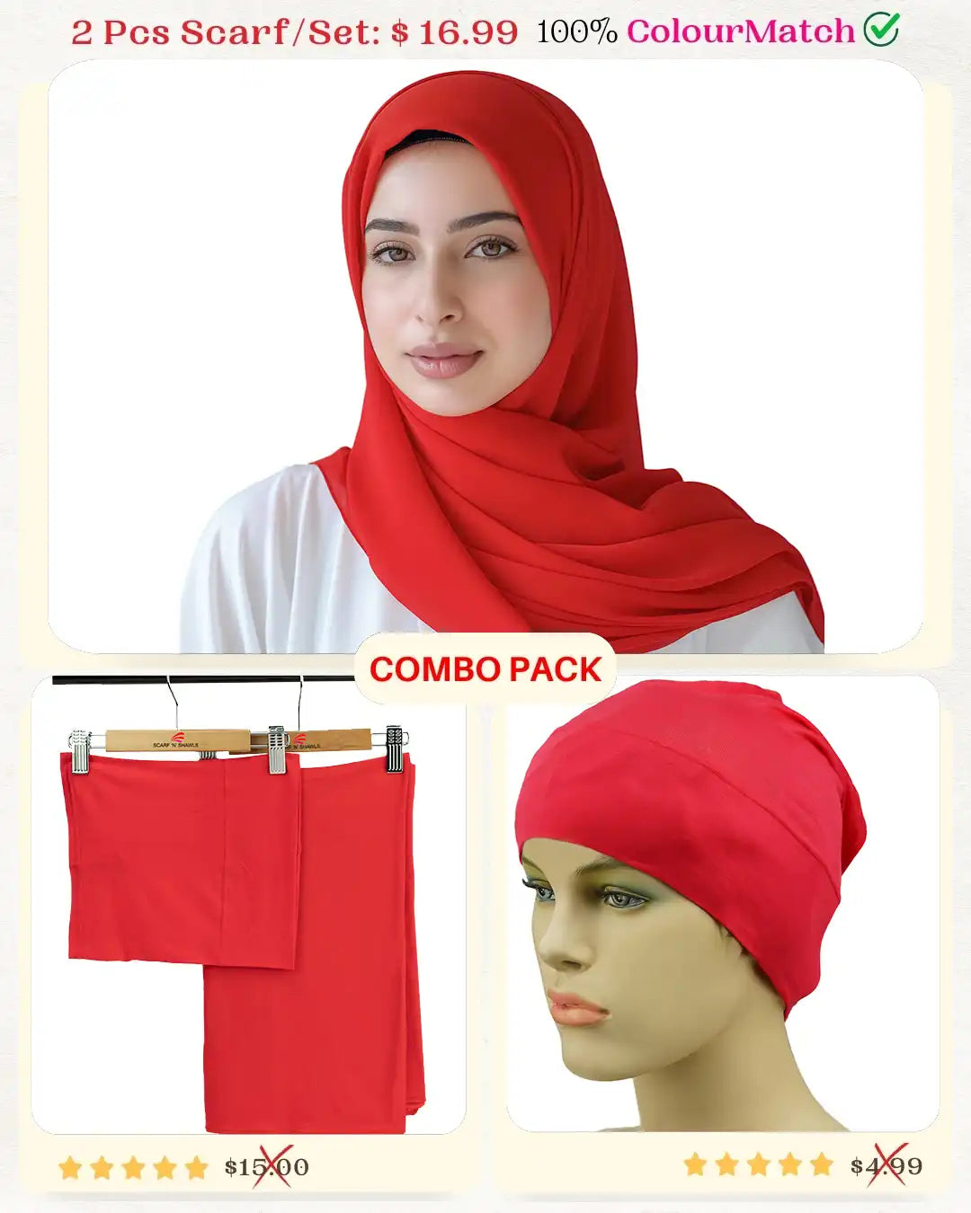 ColorMatch Scarf Set Jersey scarf & tube scarf undercap Hijab set for women [Red shade]