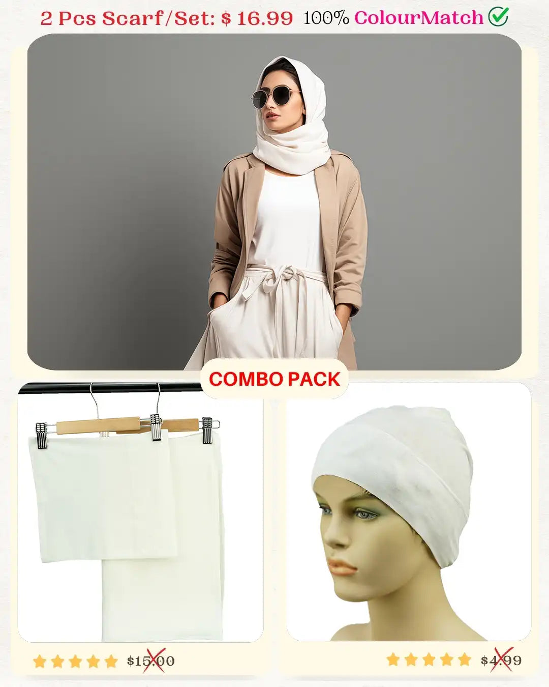 ColorMatch Scarf Set Jersey scarf & tube scarf undercap Hijab set for women [White shade]