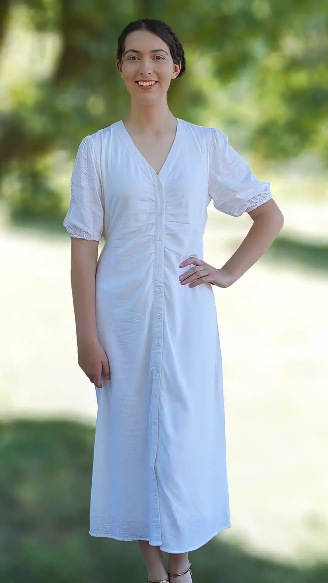 Short puff sleeve white shirt dress with front ruching