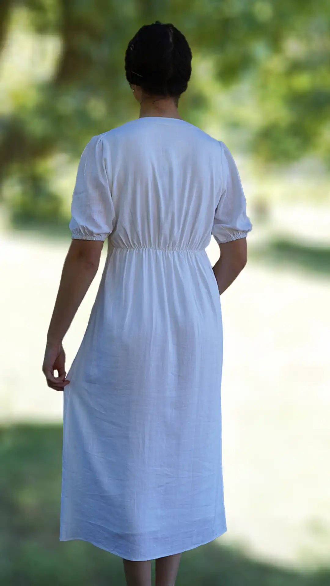 Short puff sleeve white shirt dress with front ruching