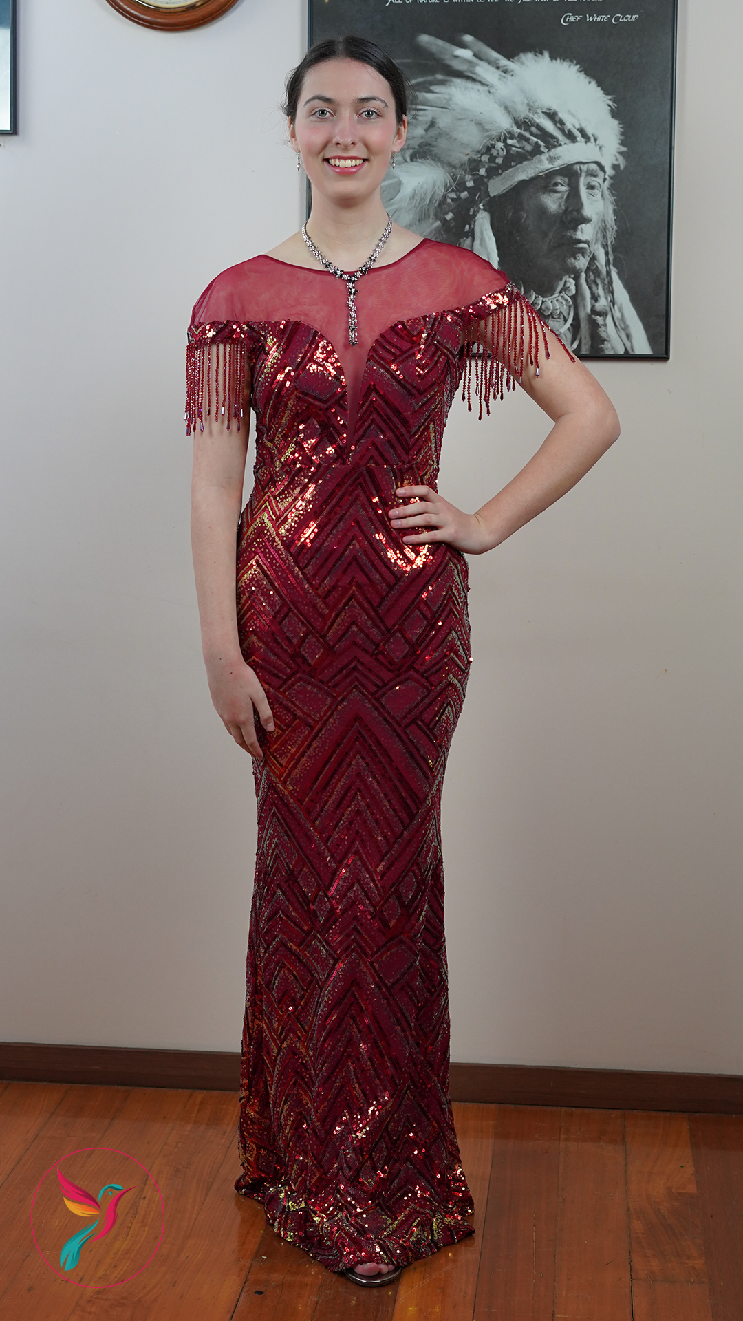 Beaded Sequin Short Sleeve Maxi Length Burgundy Women's Evening Dresses