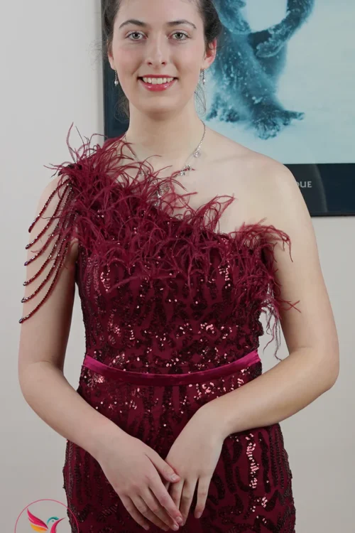 Burgundy One Shoulder Beaded Feather Women’s Party Split Long Dresses