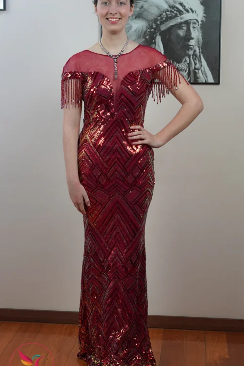 Beaded Sequin Short Sleeve Maxi Length Burgundy Women’s Evening Dresses