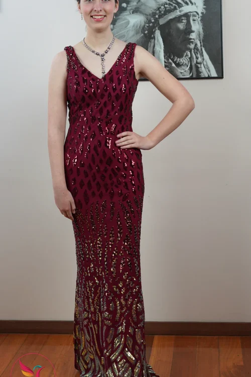 Burgundy Color Sequin Fishtail Sleeve Less Maxi Length Women’s Dresses