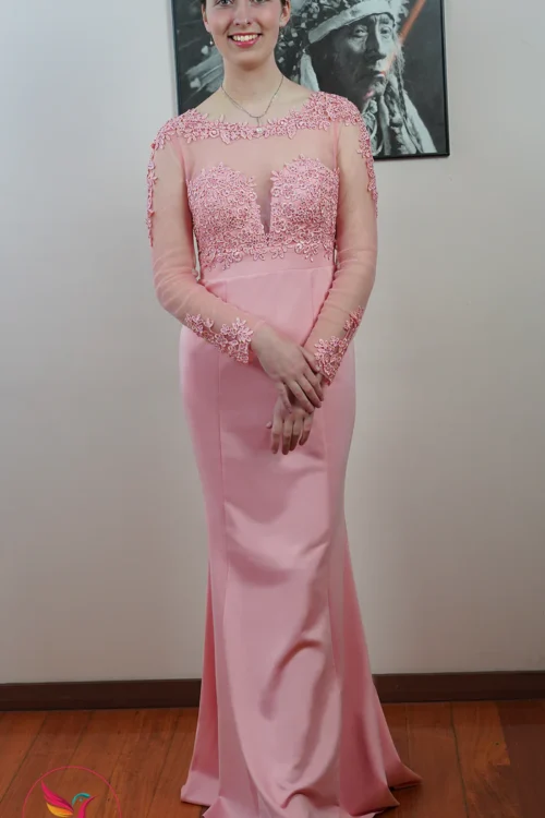 Pink Long Sleeve Floral Design Lace Embroidery Maxi Length Dresses