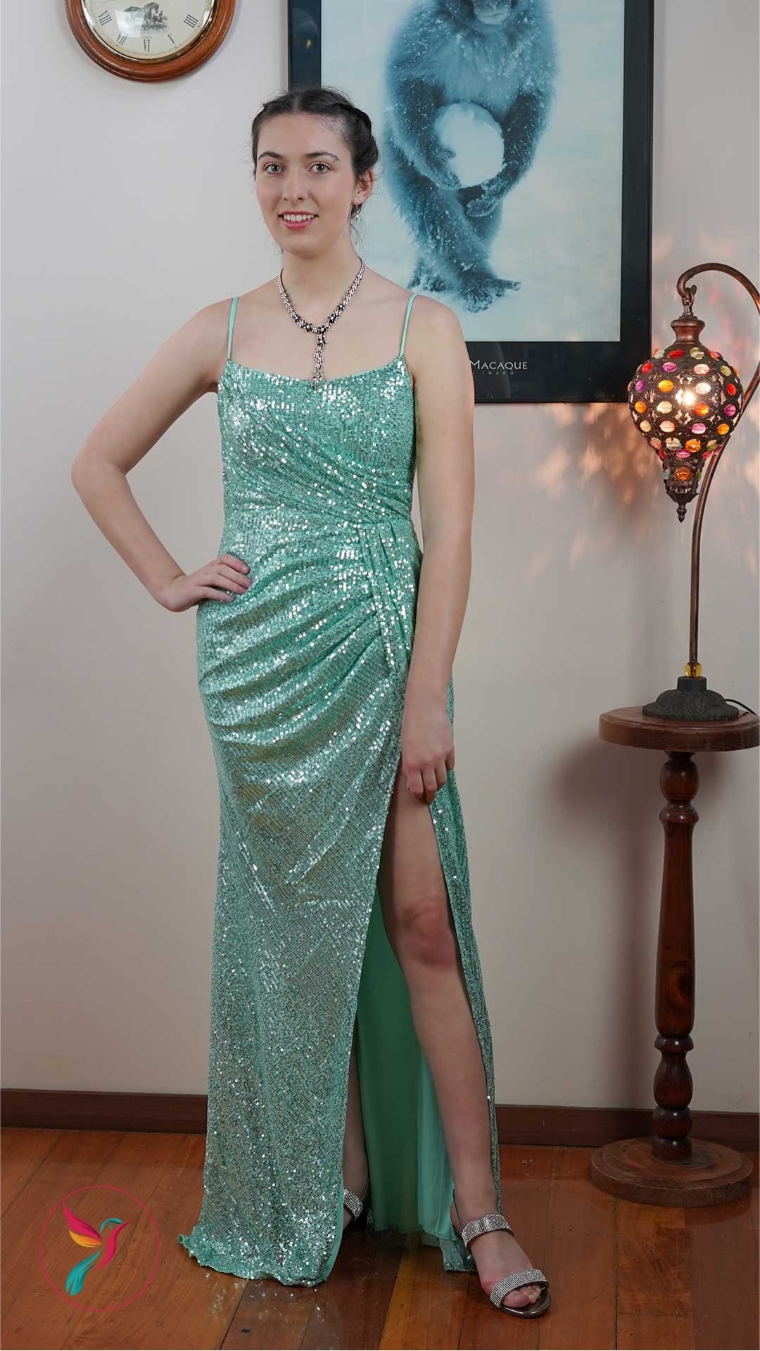 Plunge Neck Open Back Sequin Maxi Length Evening Dresses