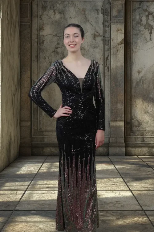 Black Rock Sequin with Long Sleeve V-Neck Women’s Evening Party Dress