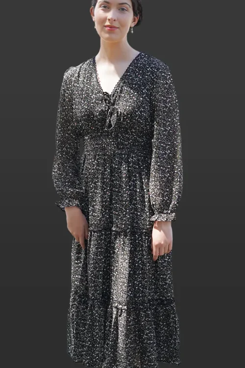 Long-sleeve tiered maxi  multi black summer maxi women’s dress