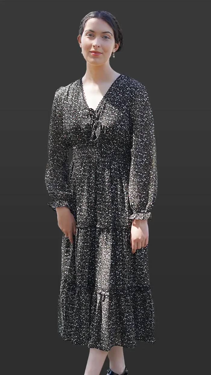 Long-sleeve tiered maxi multi black summer maxi women's dress