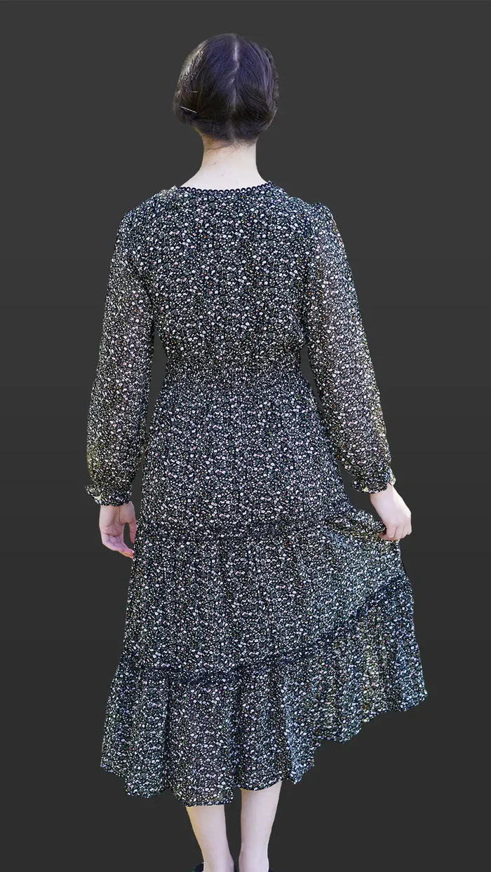 Long-sleeve tiered maxi multi black summer maxi women's dress - Image 2