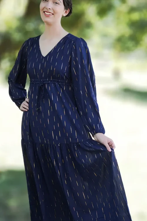 Dark blue long sleeve gold foil printed maxi waist tie women’s dresses