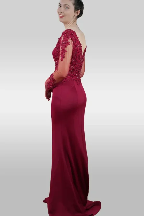 Burgundy Floral Design Embroidery Satin Long Sleeve Women’s Maxi Party Evening Dresses