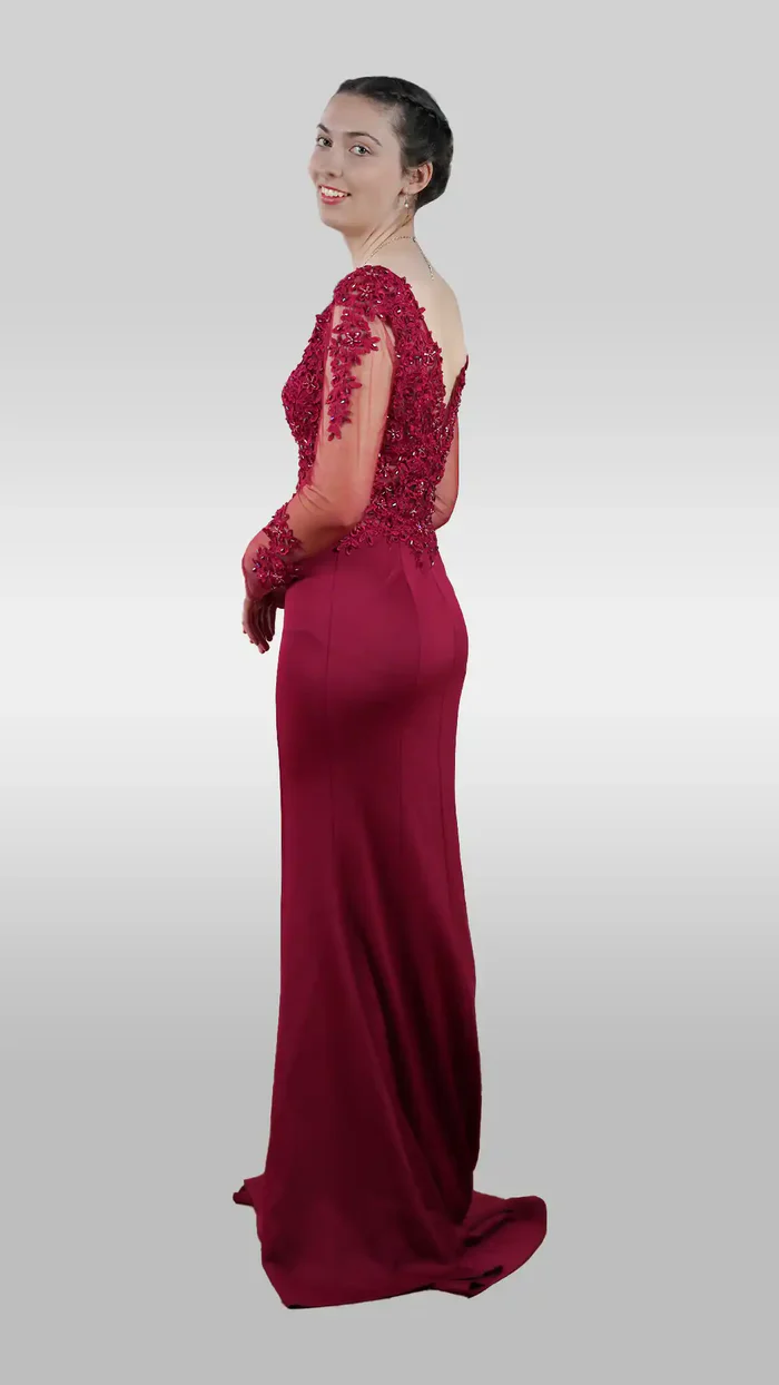 Burgundy Floral Design Embroidery Satin Long Sleeve Women’s Maxi Party Evening Dresses
