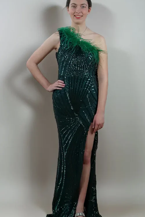 Feather Detailed One Shoulder Split Women’s Party Maxi Length Dresses