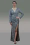 Elegant Sheath Column V-Neck Long Sleeve Sweep Train Velvet Sequins Shimmery Dress