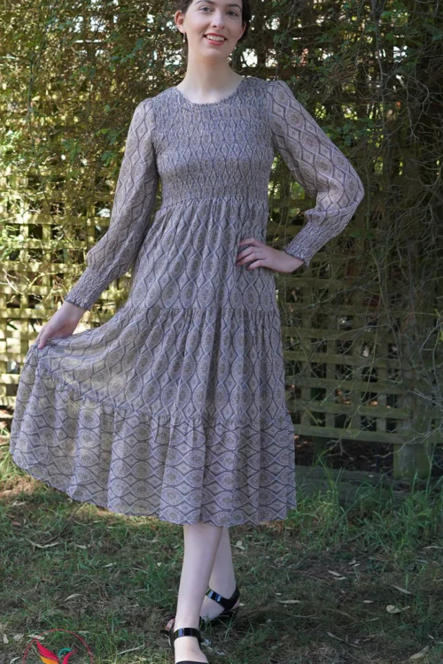 Multi pink printed long-sleeve dress with shirred bodice and cuffs