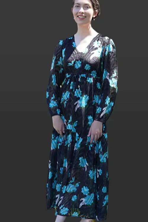 Multi green long-sleeve floral with waist tie maxi dress