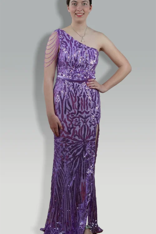 Purple One Shoulder Beaded Sequin Split Maxi Length Cocktail Party Dresses