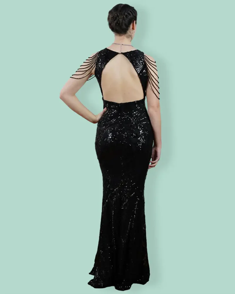 Golden Beaded & Sequined Open-Back Sleeve Less Women's Evening Maxi Length Party Dresses - Image 10