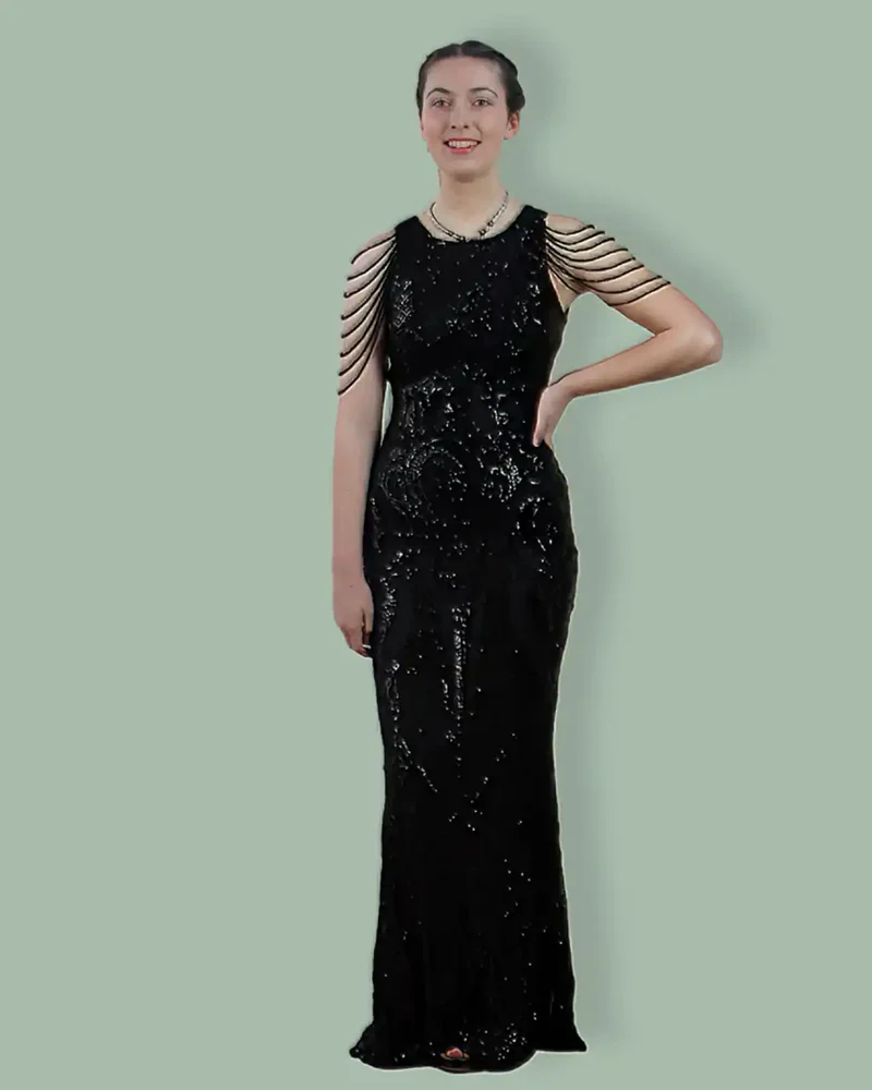 Golden Beaded & Sequined Open-Back Sleeve Less Women's Evening Maxi Length Party Dresses - Image 9