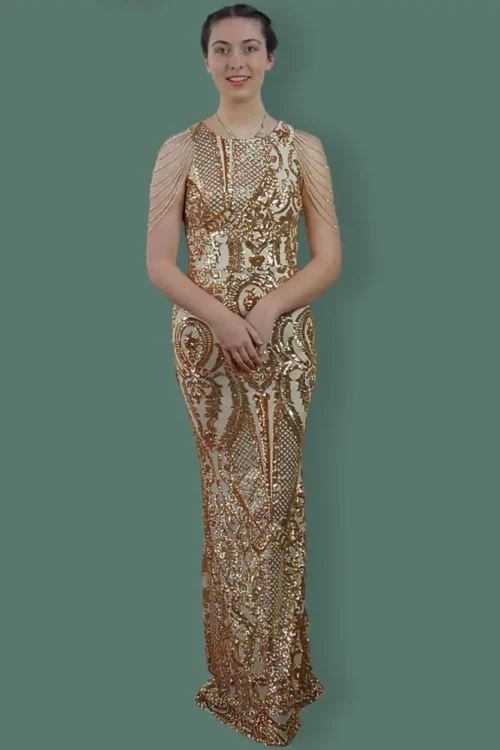 Golden Beaded & Sequined Open-Back Sleeve Less Women’s Evening Maxi Length Party Dresses