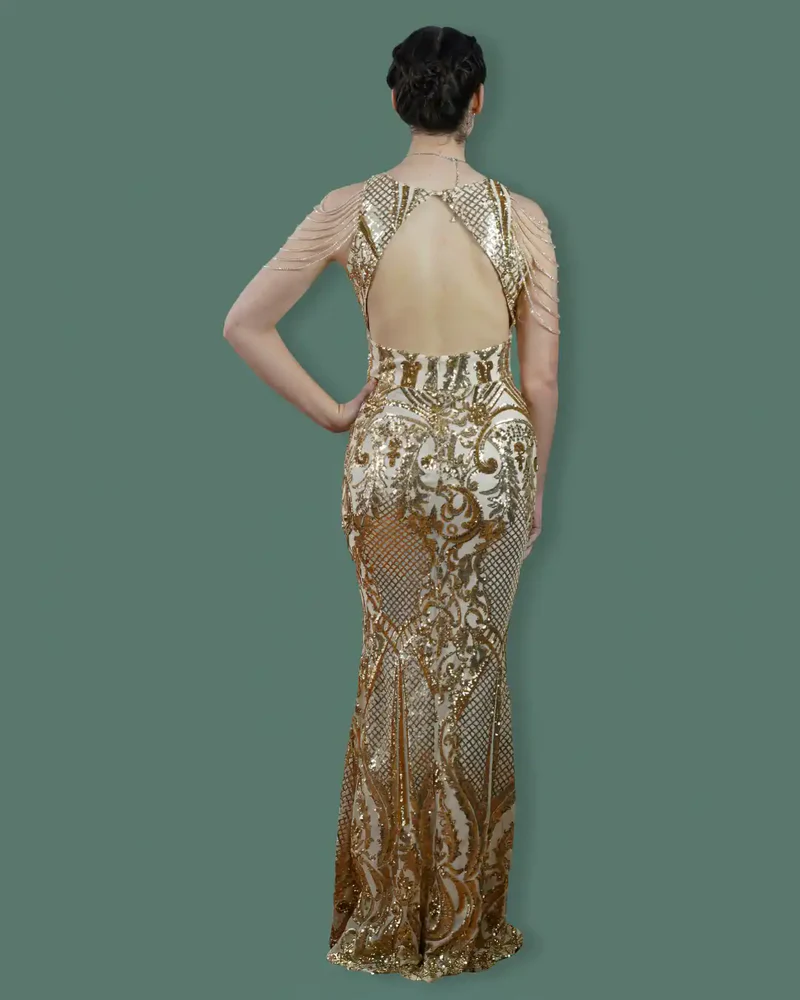 Golden Beaded & Sequined Open-Back Sleeve Less Women's Evening Maxi Length Party Dresses - Image 5