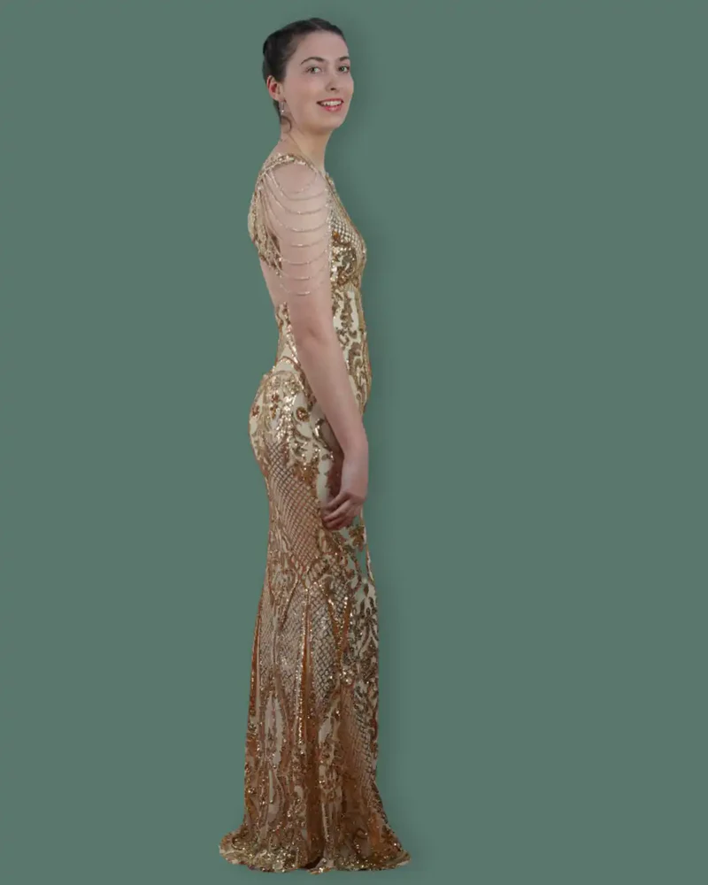 Golden Beaded & Sequined Open-Back Sleeve Less Women's Evening Maxi Length Party Dresses - Image 4