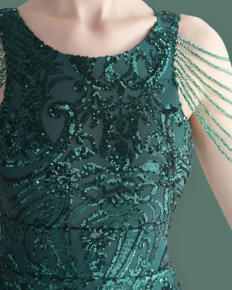 Golden Beaded & Sequined Open-Back Sleeve Less Women's Evening Maxi Length Party Dresses - Image 3